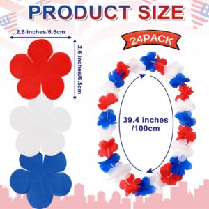 JUNEBRUSHS 24 Pack Patriotic Leis Red White and Blue Flower Leis, 4th of July Garlands Hawaiian Luau Flower Necklaces Bulk for Fourth of July, Memorial Day, Independence Day Decorations Party Favors