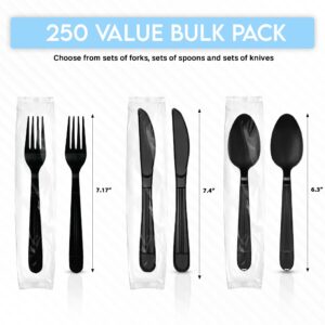 Klex 250 Individually Wrapped Disposable Utensil Sets with Heat Resistant, BPA Free Heavy Weight Fork, Spoon, Knife, and Napkin, Black, 250 Sets