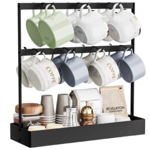 coffee mug holder with hooks, 14 capacity coffee cup holder for countertop, 2 tier mug tree holder rack with storage base for coffee pod, sugar bags, paper cups, gifts for coffee lover