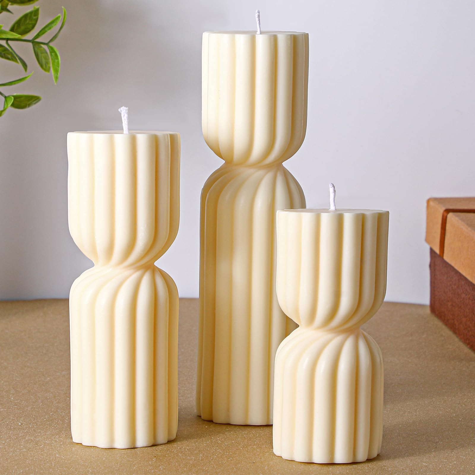 Conelist 3 Pcs Ribbed Pillar Candles Handmade Scented Soy Wax Candle Natural Aesthetic Candles Housewarming Gift Decorative Candles for Home Decor, 5.5 Inch, 7 Inch, 9 Inch in Height(White)