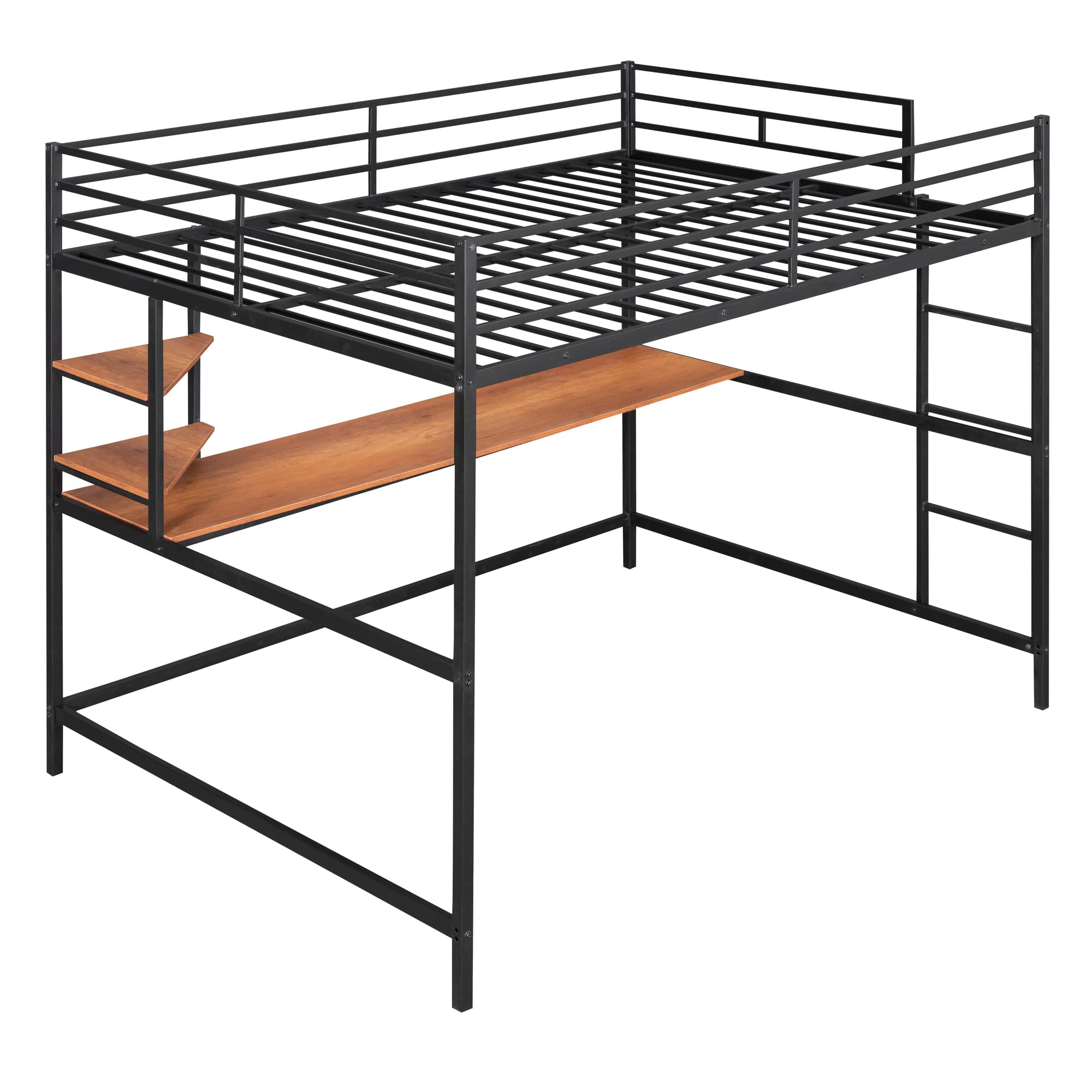 Full Size Loft Bed with Desk and Storage Shelves,Heavy-Duty Loft Bed Full for Kids,Metal Loft Bed Frame with Safety Guardrail,Space-Saving(Full,Black)