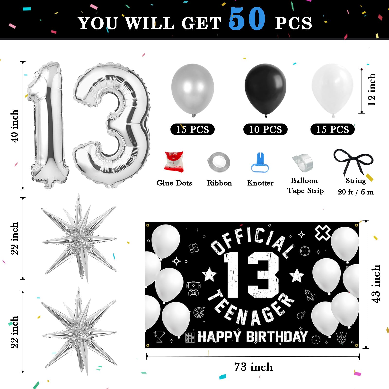 HTDZZI 13th Birthday Decoration Kit for Boys, Official Teenager 13 Birthday Party Backdrop Banner, Number 13 Balloons, Explosion Star Balloons, 13th Birthday Photo Props Decor, Black White