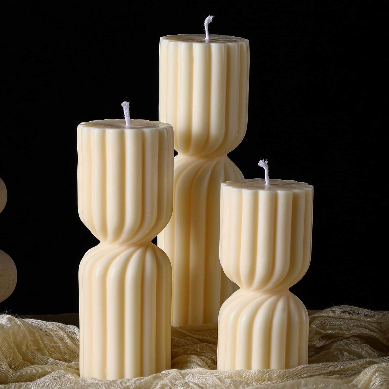 Conelist 3 Pcs Ribbed Pillar Candles Handmade Scented Soy Wax Candle Natural Aesthetic Candles Housewarming Gift Decorative Candles for Home Decor, 5.5 Inch, 7 Inch, 9 Inch in Height(White)