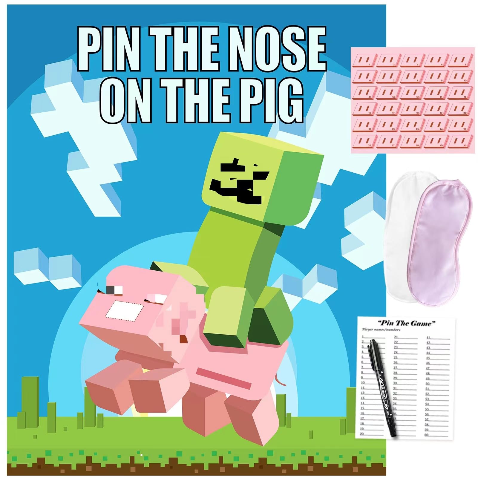 SUNALETTA Video Game Birthday Party Supplies for Kids Pin The Nose on The Pig Games Party Games for Kids, Pixel Miner Party Kids Party Favors Decorations