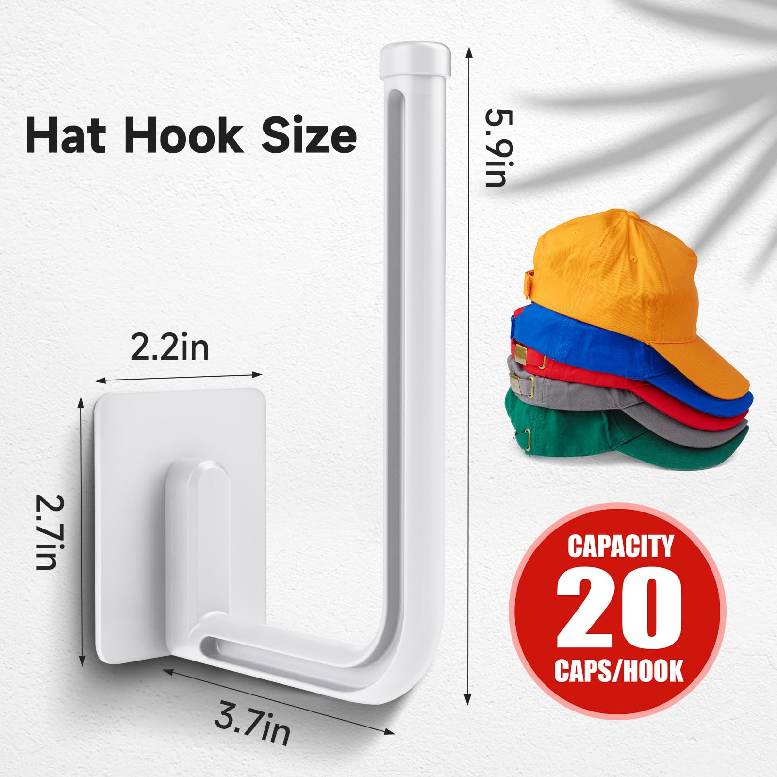 OWLMATE Hat Organizer for Baseball Caps Hat Rack for Wall Hat Hooks Hat Storage Holder for Closet Door Adhesive/Drill Mount 4 Pack (White)