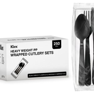 Klex 250 Individually Wrapped Disposable Utensil Sets with Heat Resistant, BPA Free Heavy Weight Fork, Spoon, Knife, and Napkin, Black, 250 Sets