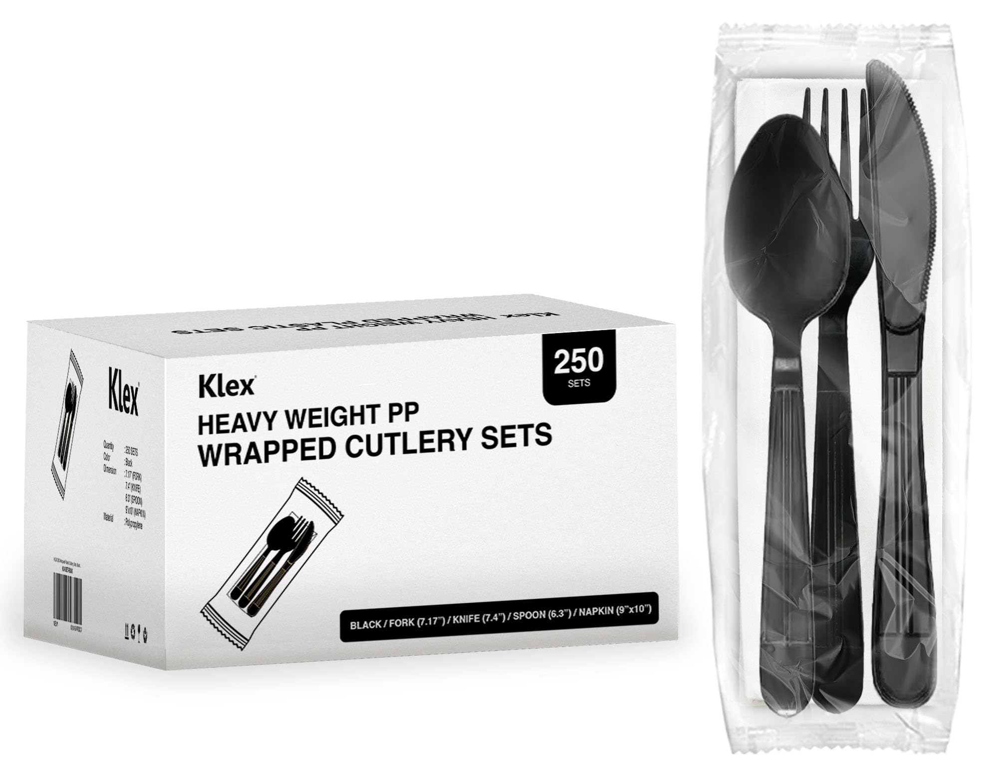 Klex 250 Individually Wrapped Disposable Utensil Sets with Heat Resistant, BPA Free Heavy Weight Fork, Spoon, Knife, and Napkin, Black, 250 Sets