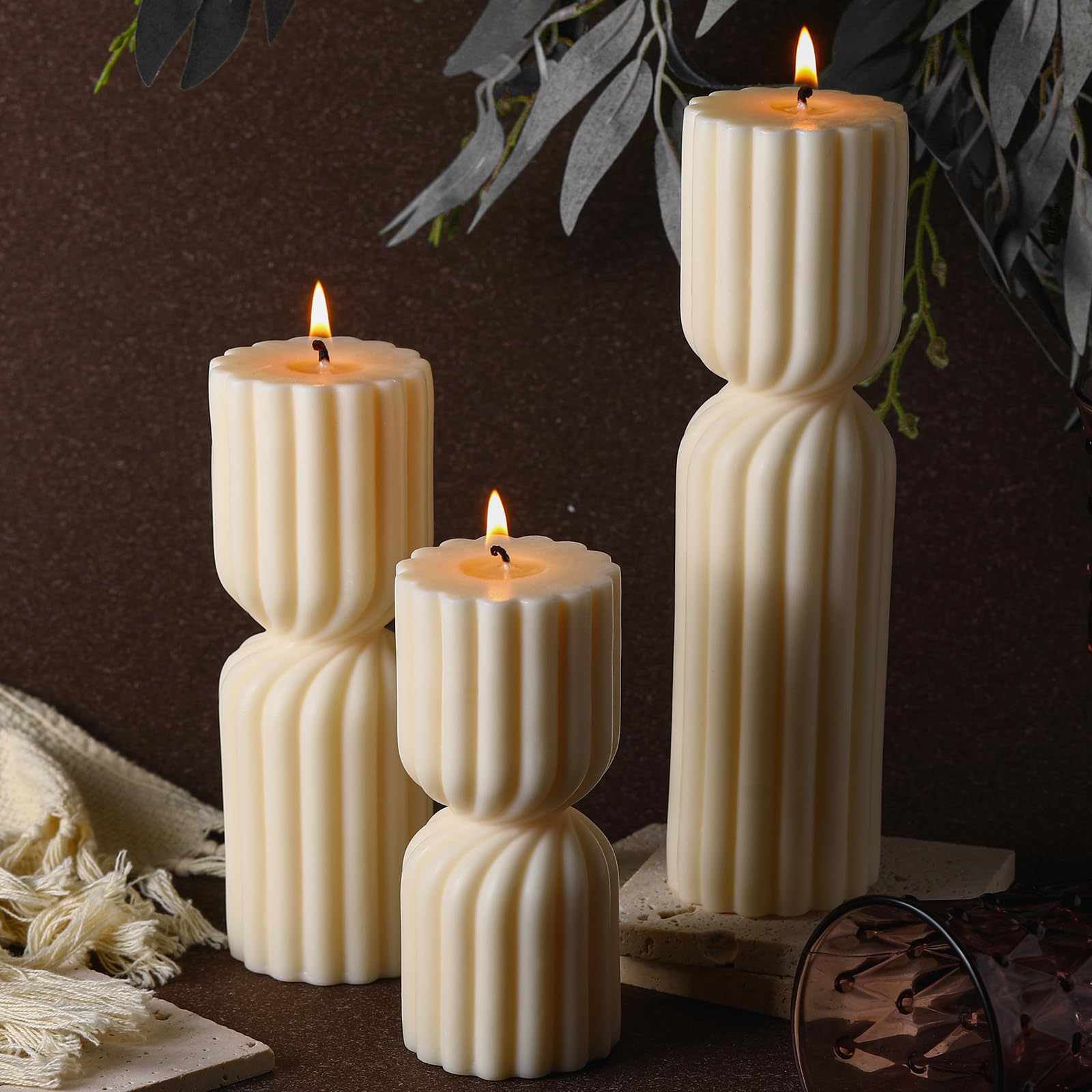 Conelist 3 Pcs Ribbed Pillar Candles Handmade Scented Soy Wax Candle Natural Aesthetic Candles Housewarming Gift Decorative Candles for Home Decor, 5.5 Inch, 7 Inch, 9 Inch in Height(White)