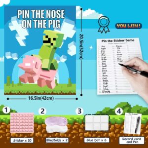 SUNALETTA Video Game Birthday Party Supplies for Kids Pin The Nose on The Pig Games Party Games for Kids, Pixel Miner Party Kids Party Favors Decorations