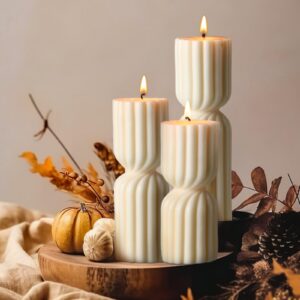 Conelist 3 Pcs Ribbed Pillar Candles Handmade Scented Soy Wax Candle Natural Aesthetic Candles Housewarming Gift Decorative Candles for Home Decor, 5.5 Inch, 7 Inch, 9 Inch in Height(White)