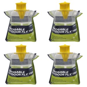 enposmre 4 pack fly traps outdoor hanging disposable fly bags trap, effective fly catcher with bait, fly killer for patio, chicken coops, horse stables, barns