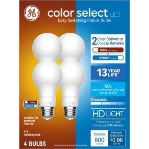 ge a19 led bulbs, 60w equivalent, 2cct color select relax soft white | refresh daylight, enclosed fixture rated, 8w, 800 lumens, glass, dimmable, ul listed, e26 medium base (4 pack)