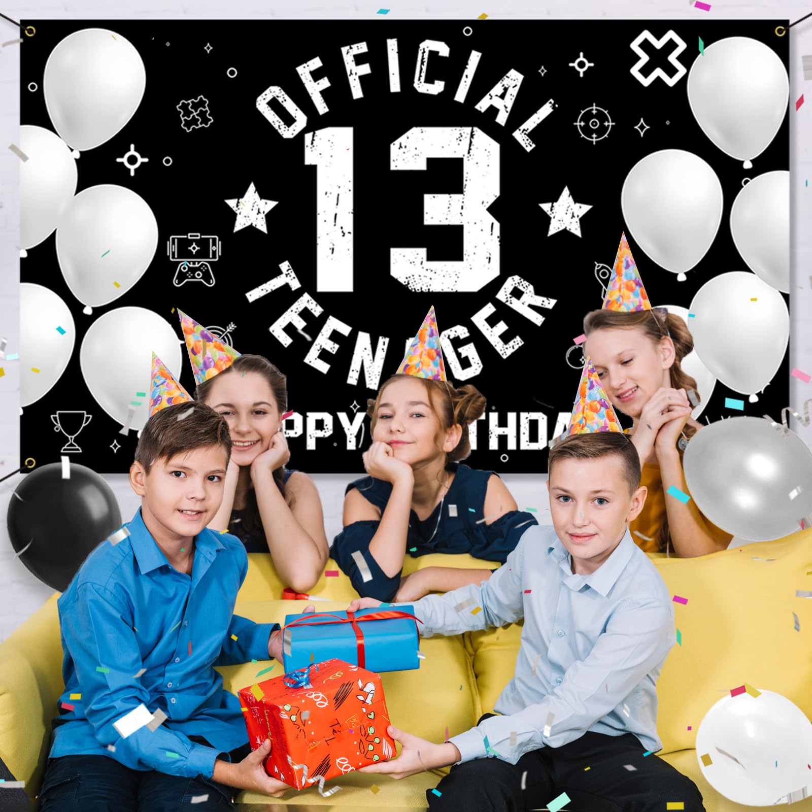 HTDZZI 13th Birthday Decoration Kit for Boys, Official Teenager 13 Birthday Party Backdrop Banner, Number 13 Balloons, Explosion Star Balloons, 13th Birthday Photo Props Decor, Black White