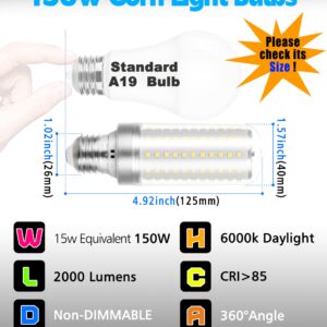 Xyanmc E26/E27 LED Bulb, 150w Equivalent 2000 Lumen 6000K Daylight White 15W Ceiling Fan LED Light Bulb for Home Garage Warehouse Indoor Outdoor Led Corn Bulb Pack of 1