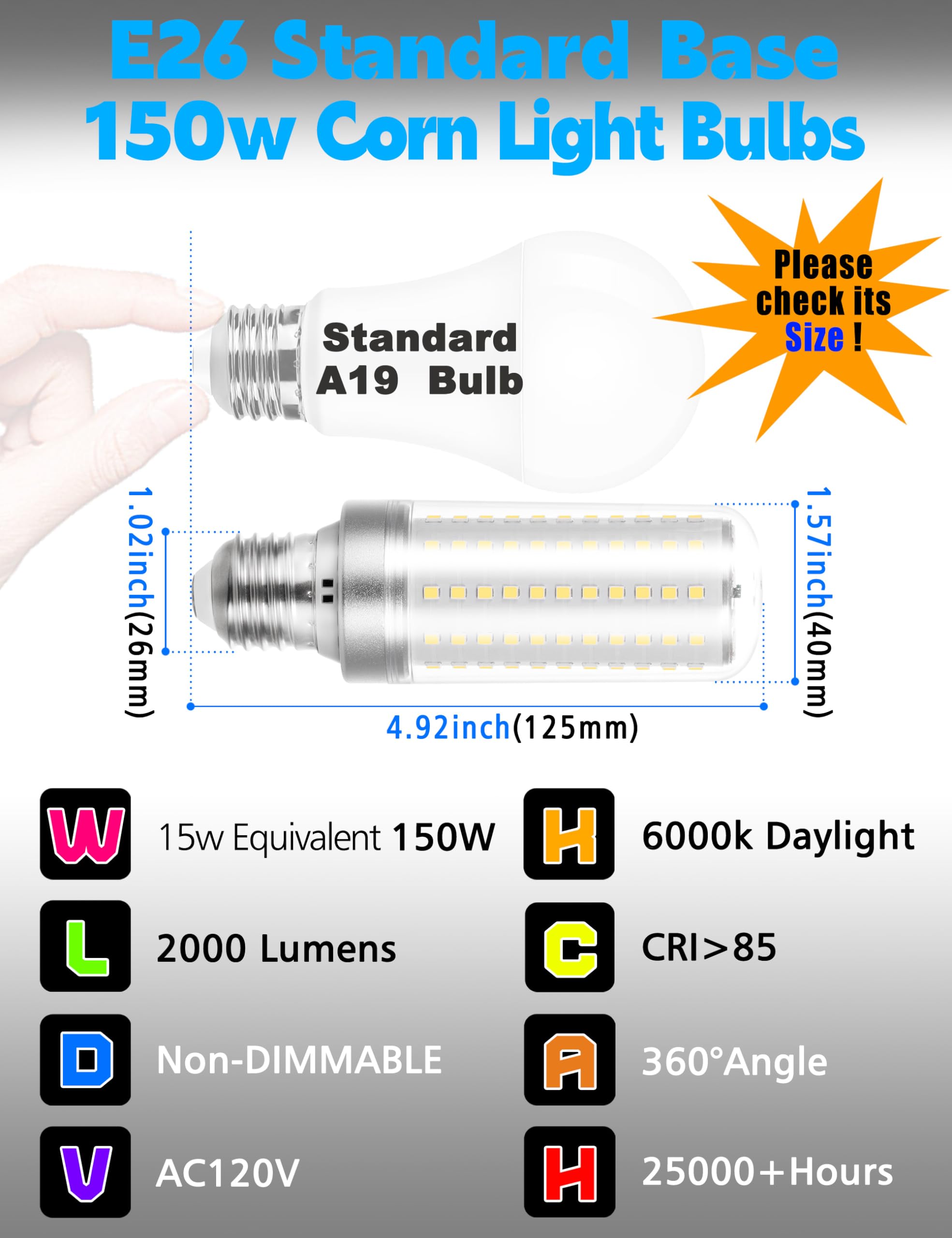 Xyanmc E26/E27 LED Bulb, 150w Equivalent 2000 Lumen 6000K Daylight White 15W Ceiling Fan LED Light Bulb for Home Garage Warehouse Indoor Outdoor Led Corn Bulb Pack of 1