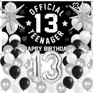 htdzzi 13th birthday decoration kit for boys, official teenager 13 birthday party backdrop banner, number 13 balloons, explosion star balloons, 13th birthday photo props decor, black white