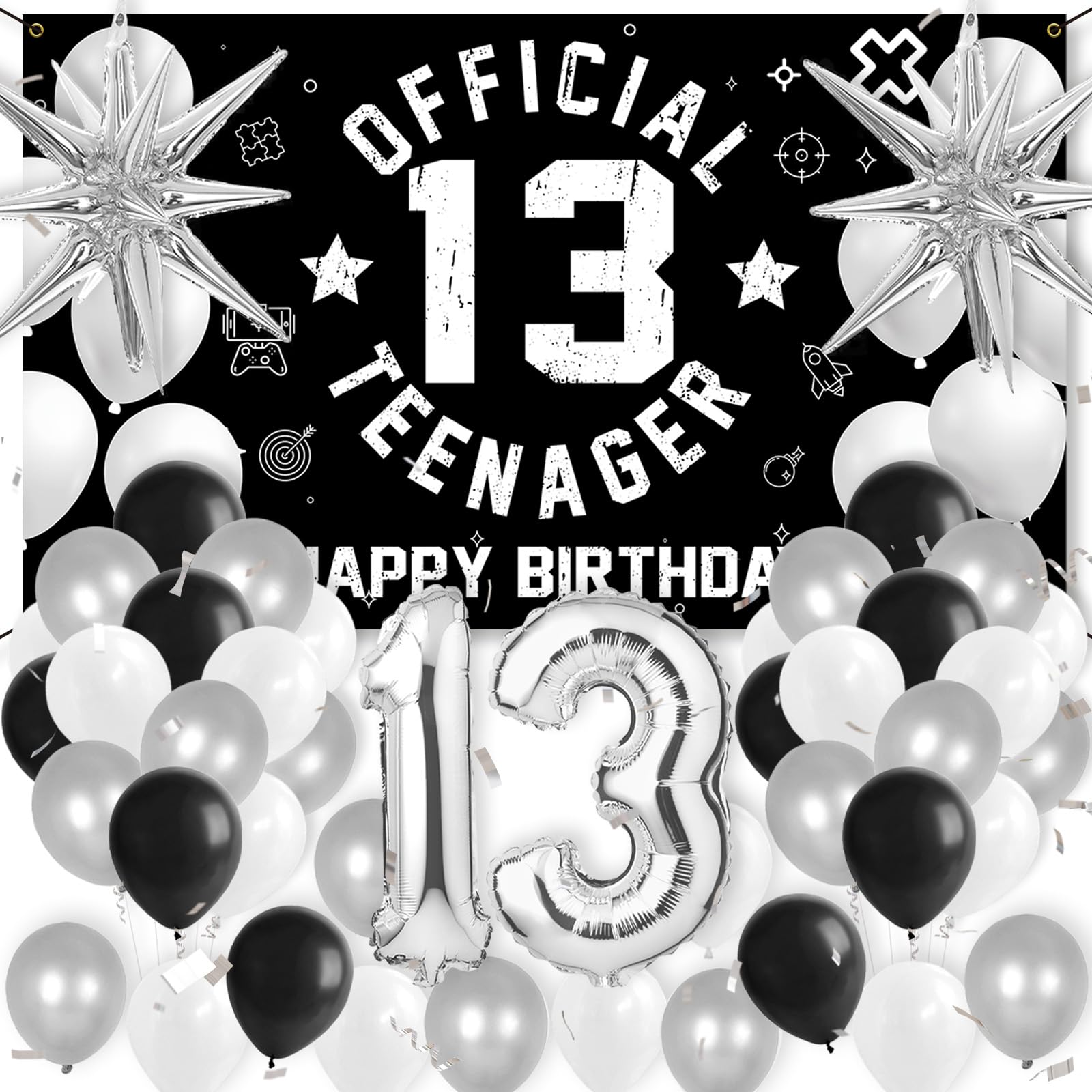 HTDZZI 13th Birthday Decoration Kit for Boys, Official Teenager 13 Birthday Party Backdrop Banner, Number 13 Balloons, Explosion Star Balloons, 13th Birthday Photo Props Decor, Black White