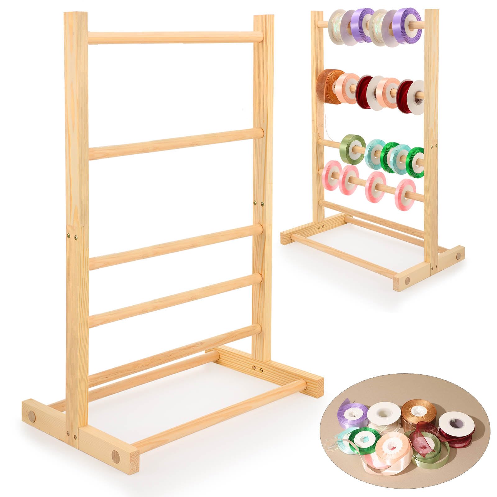 Lineshading 5 Tier Wooden Ribbon Holder Organizer Wooden Ribbon Rack Ribbon Spool Holder Storage Rack for Craft Sewing Yarn Mesh Crochet Tulle Tape Roll Gift Wrapping,27.55 x 17.71 x 11.81 Inches