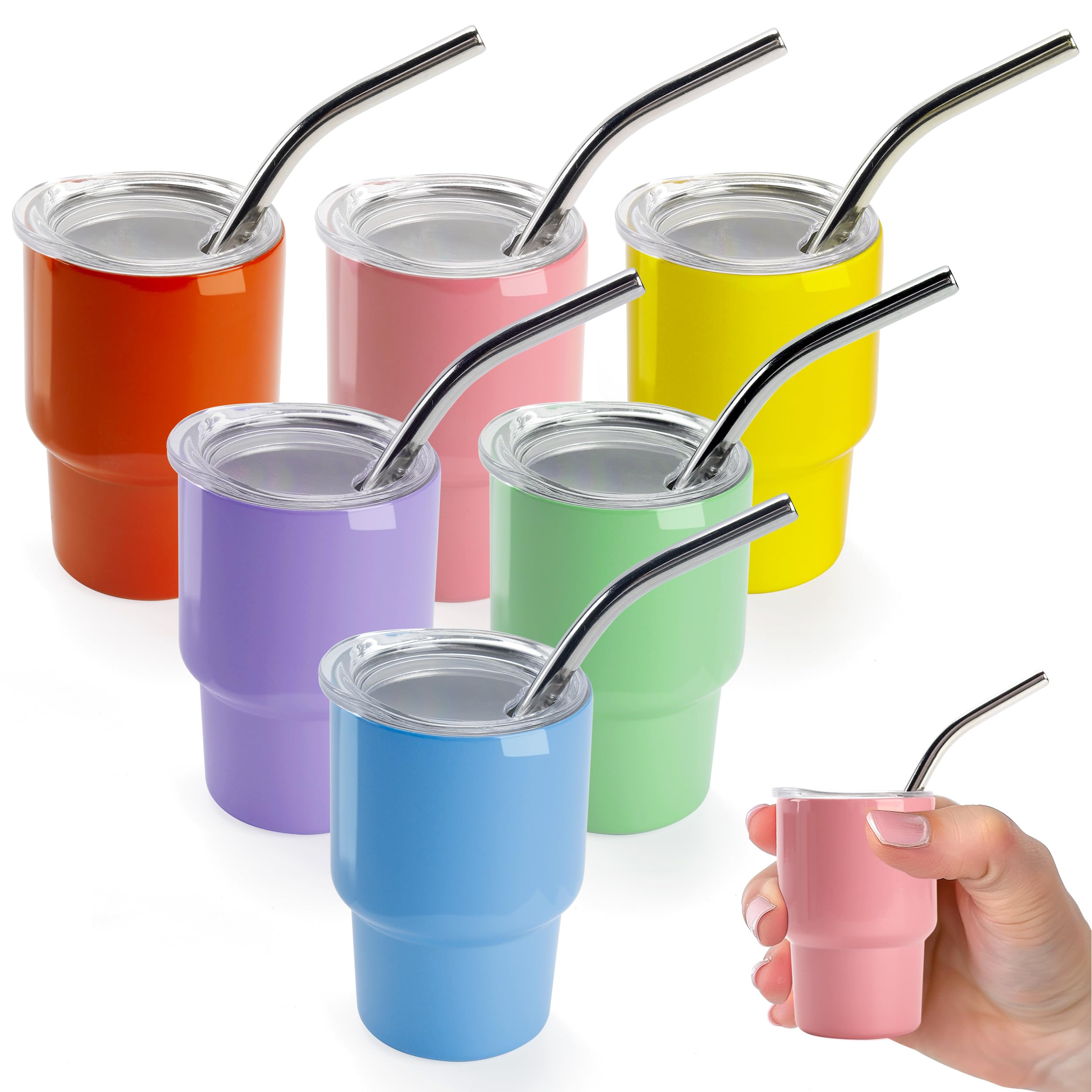 Joyclub 3 oz Mini Tumbler Shot Glass with Straw 6 Pack Colored Sublimation Shot Glasses Mini Shot Cups with Lids and Straws Double Wall Vacuum Insulated Cup