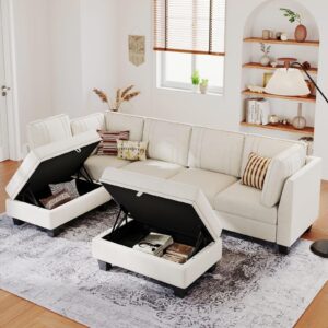 Belffin Velvet Sectional Sofa with Storage Ottoman Cream L Shaped Couch Sofa Convertible L-Shaped Sofa Beige