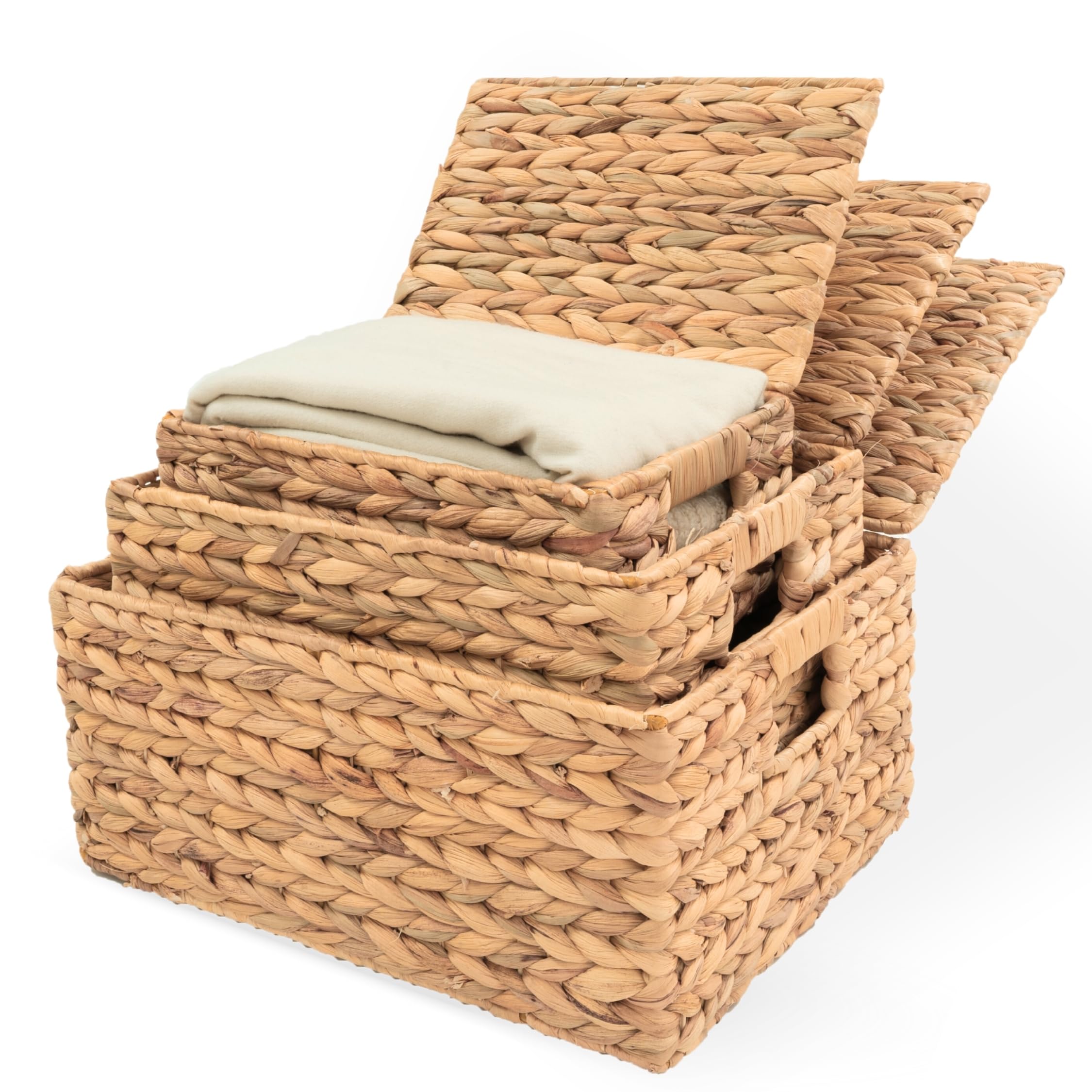 Wicker Storage Baskets with Lid, Basket With Lid Decorative Storage Rectangle 14"D X 11"W X 7"H Wicker Storage Basket With Lid Large Rattan Storage Box Hyacinth Baskets