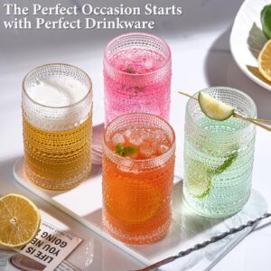 Mfacoy Large Vintage Hobnail Drinking Glasses Set of 6, 14 oz Cocktail Glasses,Highball Glasses, Embossed Glass Cups, Clear Water Tumbler, Glassware for Beer, Juice, Cocktail, Whiskey, Milk