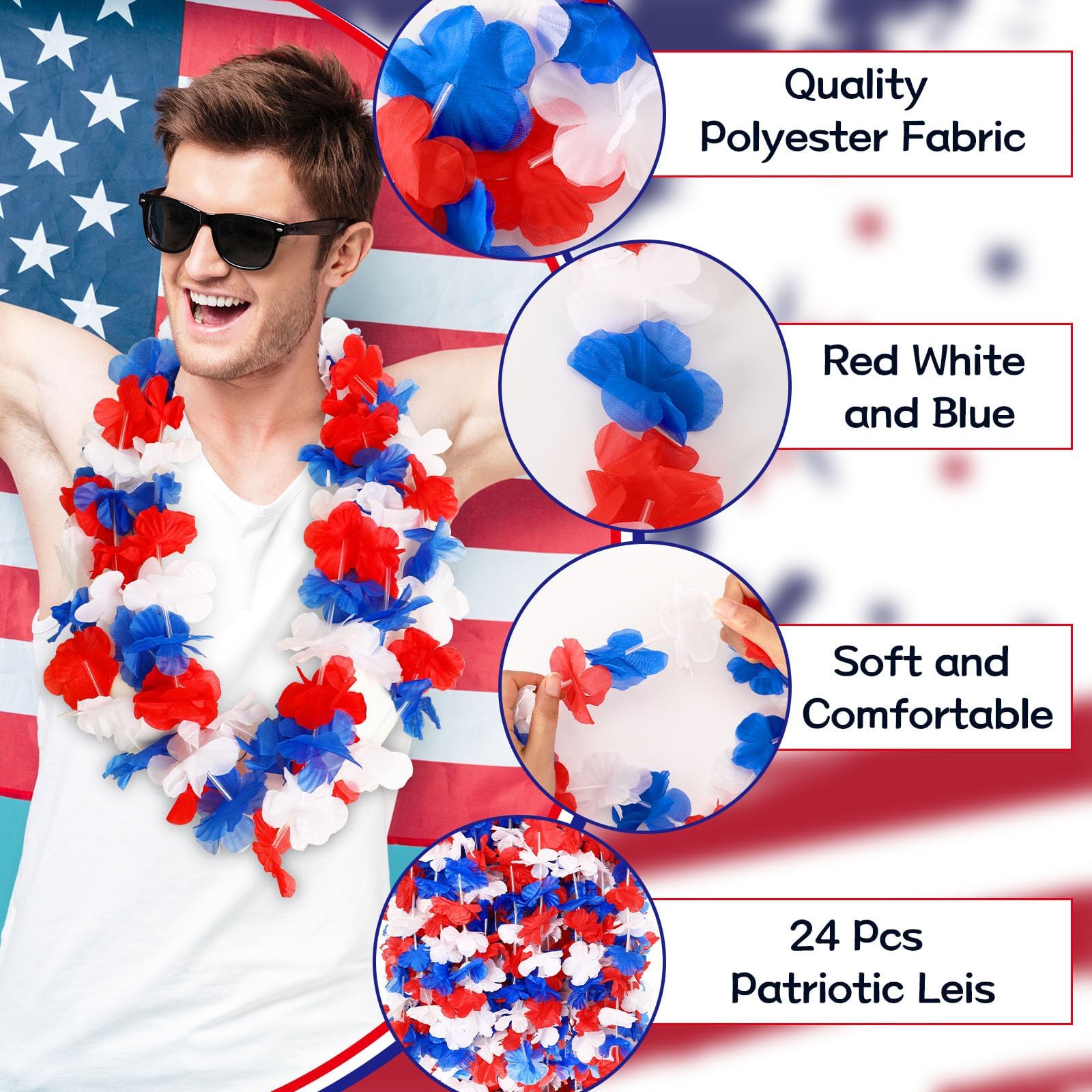 JUNEBRUSHS 24 Pack Patriotic Leis Red White and Blue Flower Leis, 4th of July Garlands Hawaiian Luau Flower Necklaces Bulk for Fourth of July, Memorial Day, Independence Day Decorations Party Favors