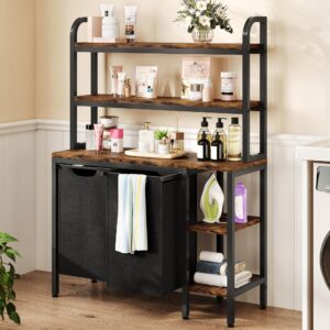 gaomon laundry basket,laundry hamper 2 section with side shelves,3 tiers laundry sorter with 2 pull-out and removable laundry bags,black & rustic brown