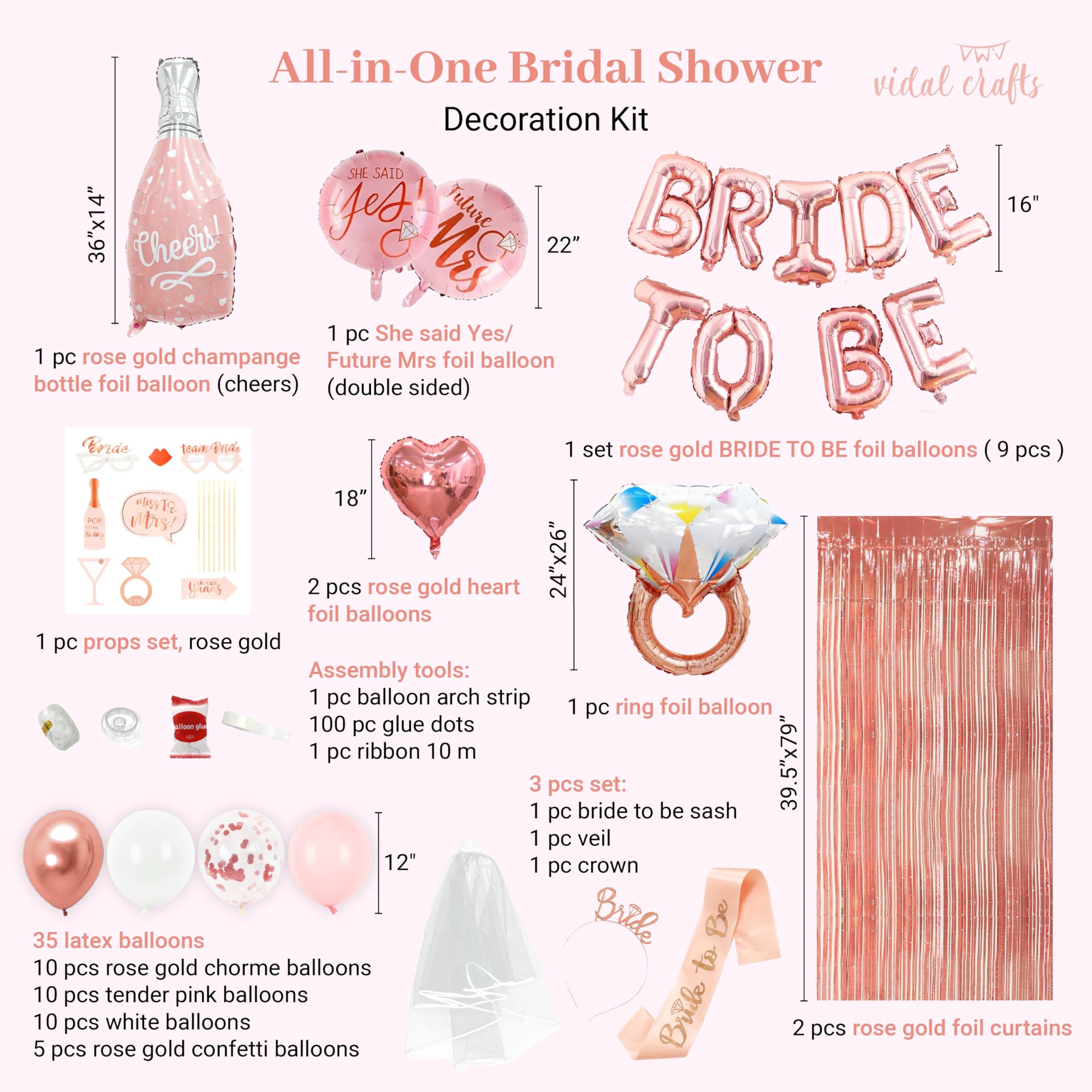 VIDAL CRAFTS Rose Gold Bridal Shower Decorations - Ideal for Bridal Shower & Bachelorette Party Decor with Latex & Confetti Balloons, Bride Banner, Bridal Veil, Fringe Curtains, Bride Sash, and Props