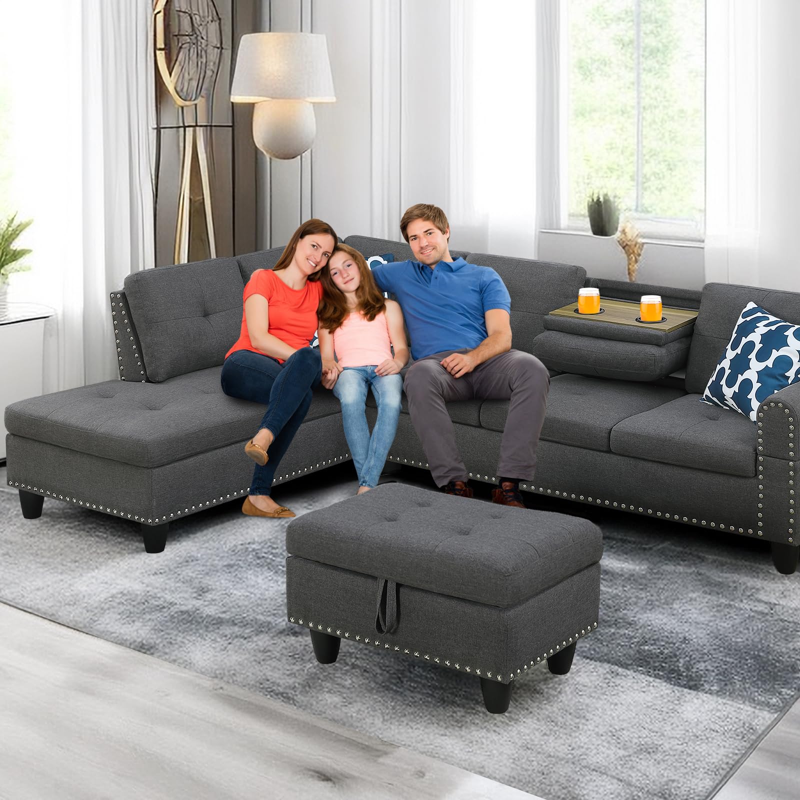 Yafylly L Shaped Sectional Couch, Living Room Furniture Set with Storage Ottoman, Deep Seat Modular Sofa with 2 Cup Holders, 2 Throw Pillows for Large Space, Grey