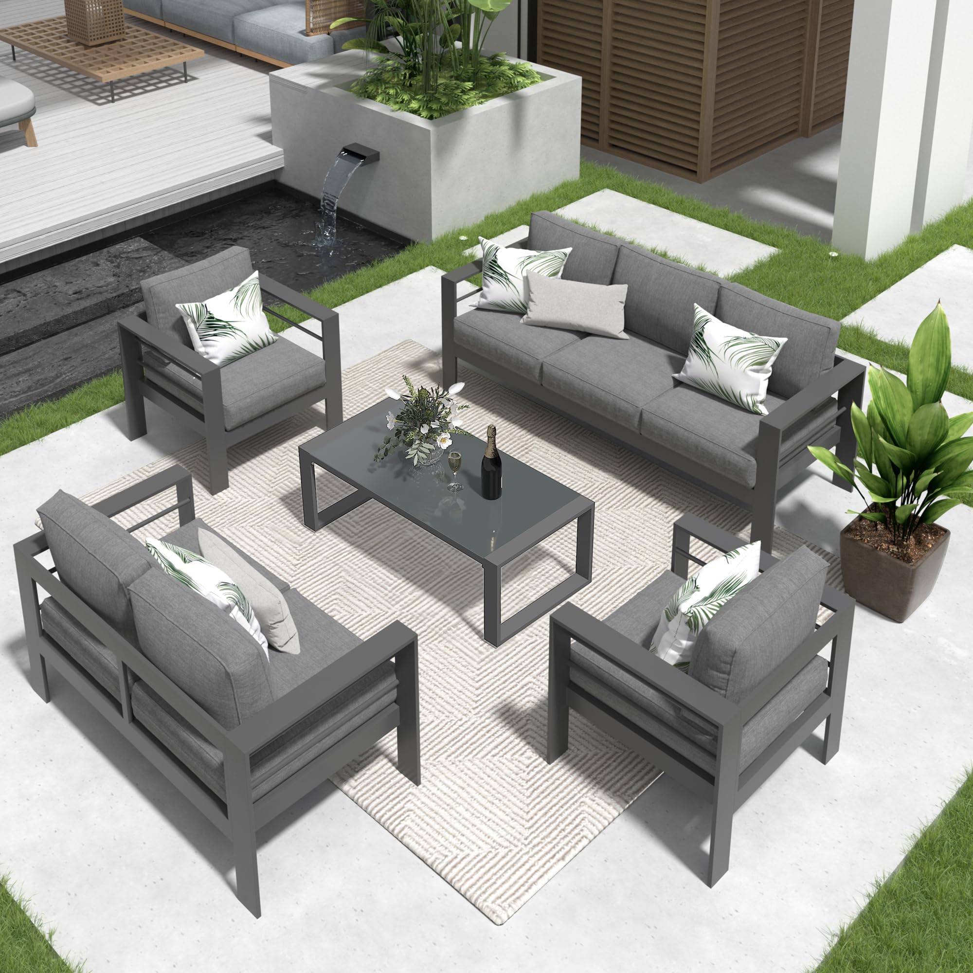 Solaste Aluminum Patio Furniture Set,5 Pieces Modern Outdoor Conversation Set Sectional Sofa with Upgrade Cushion and Tempered Glass Table top Coffee Table,Grey