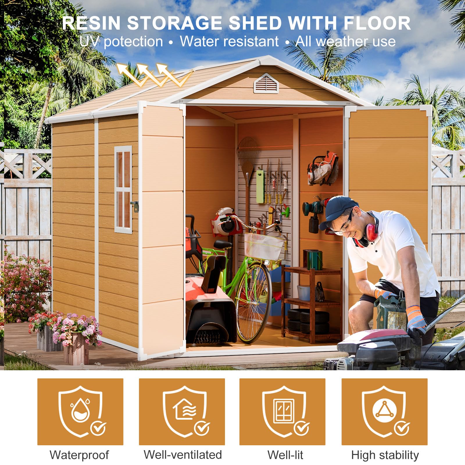 Outdoor Resin Storage Shed 8x6 FT, Plastic Sheds with Floor Window Lockable Door Included, Large Waterproof Outside Sheds Storage for Backyard Garden Patio Lawn Tools, Brown