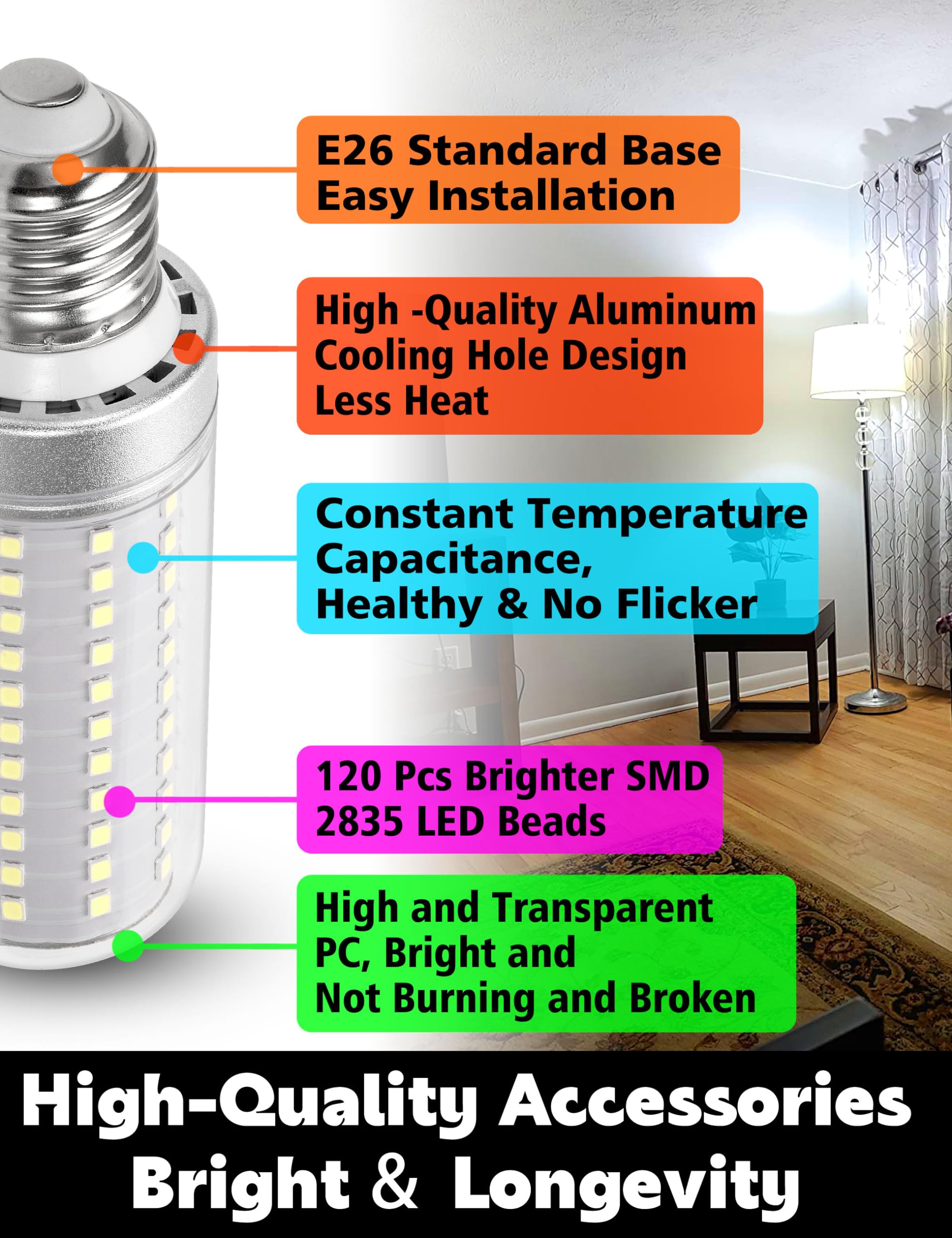 Xyanmc E26/E27 LED Bulb, 150w Equivalent 2000 Lumen 6000K Daylight White 15W Ceiling Fan LED Light Bulb for Home Garage Warehouse Indoor Outdoor Led Corn Bulb Pack of 1