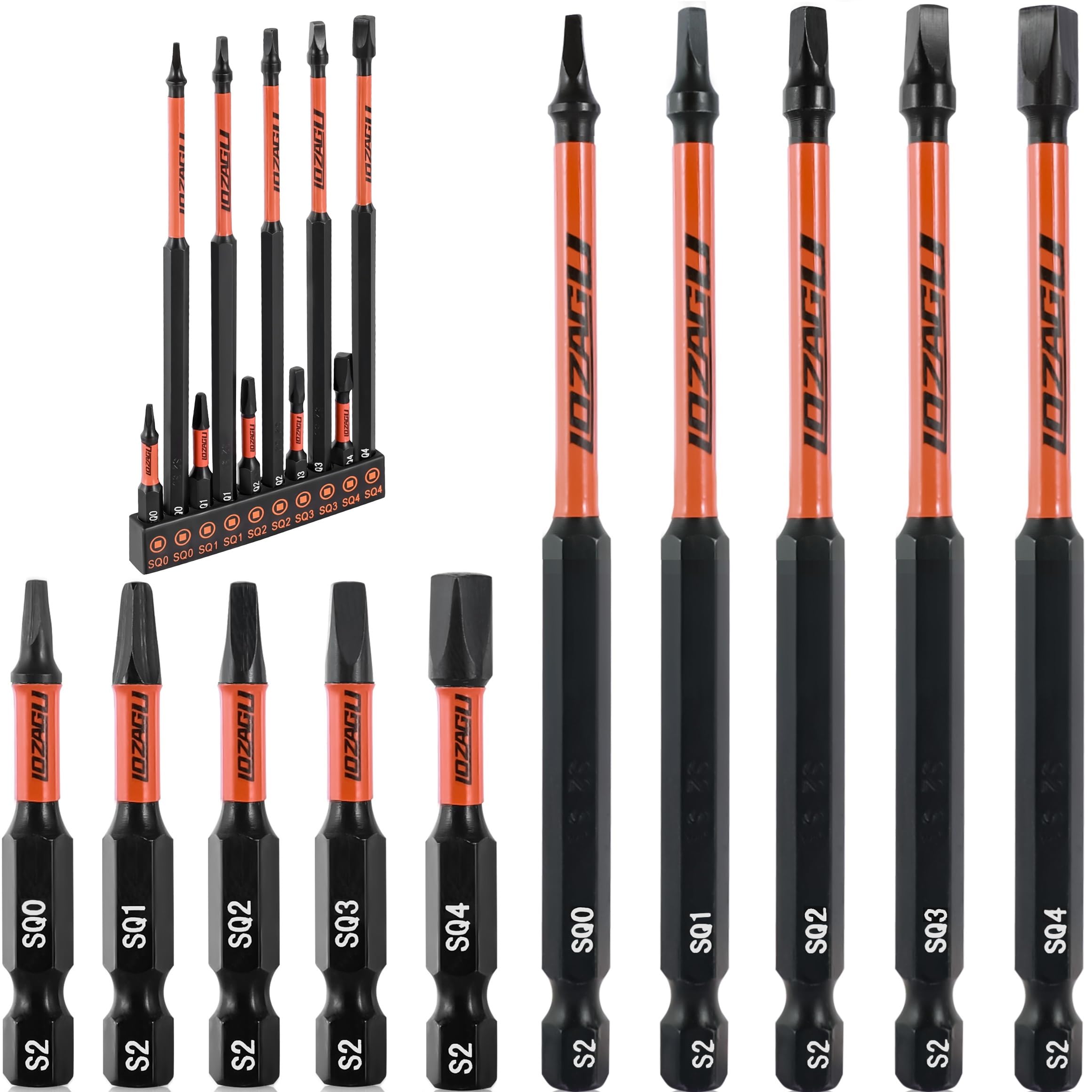 LOZAGU 10Pcs Square Drive Bits Set, 6” & 2” Long Premium S2 Alloy Steel Square Bit Set #0, 1, 2, 3, and #4 Magnetic Square Drill Bit Set,1/4 Inch Hex Shank.