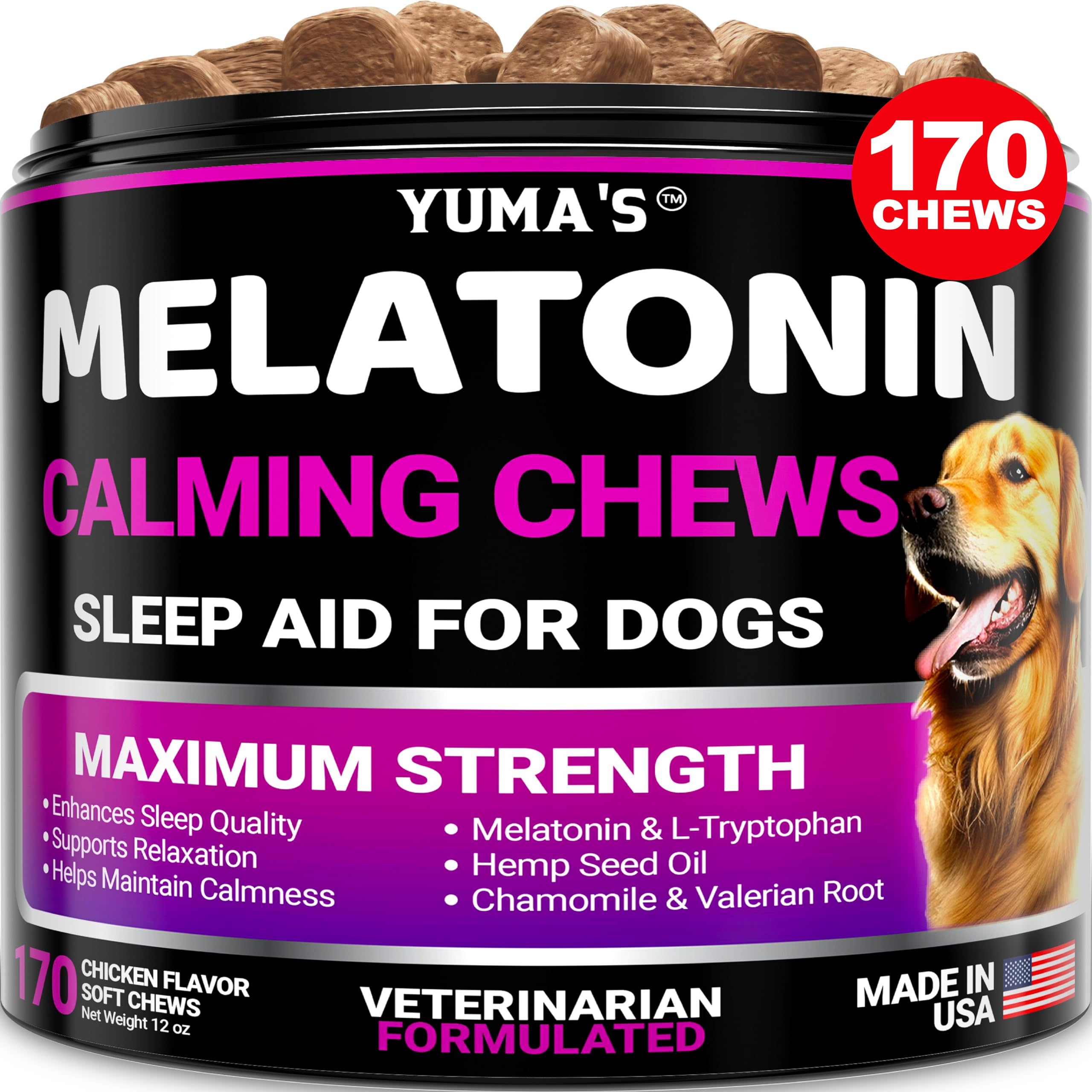 YUMA'S Melatonin for Dogs - 170 Dog Melatonin Chews for Small and Large Dogs - Puppy Melatonin - Dog Sleep Aid - Calming Treats for Stress Anxiety Relief - Calming Chews for Dogs - Dog Sleeping Pills