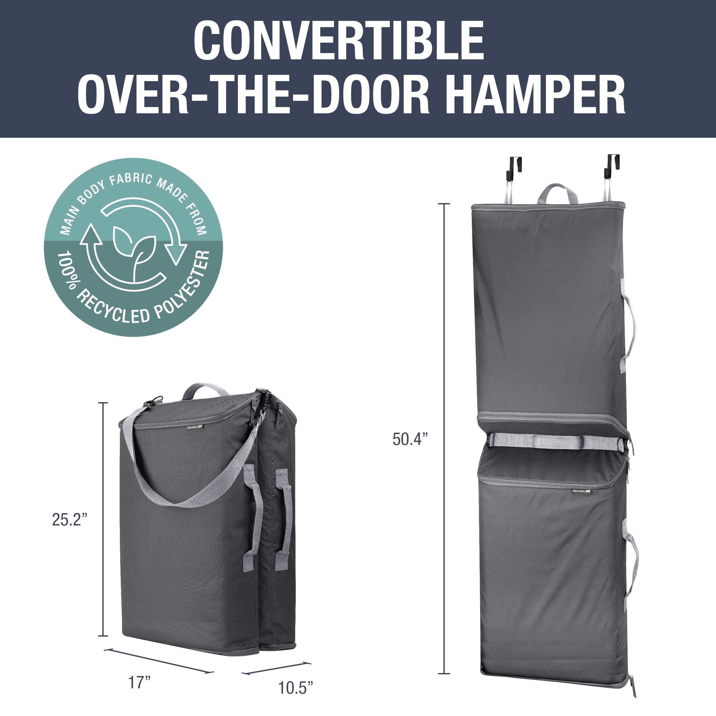 CleverMade Hanging Laundry Hamper Bag with Over the Door Hooks; Space Saving Organization, Great for a Dorm Room, Closet, Bathroom, or Small Bedroom - Shadow Gray/Stone Gray, 2 Compartments