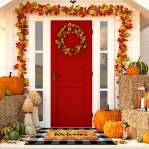 Geelin 2 Pcs Thanksgiving Day Doormat Front Door Mat Pumpkin Fall Welcome Mat Indoor Non Slip Black White Buffalo Checkered Rug Door Entrance Mat for Indoor Outdoor