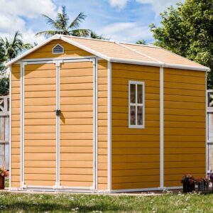 outdoor resin storage shed 8x6 ft, plastic sheds with floor window lockable door included, large waterproof outside sheds storage for backyard garden patio lawn tools, brown