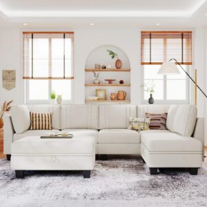 Belffin Velvet Sectional Sofa with Storage Ottoman Cream L Shaped Couch Sofa Convertible L-Shaped Sofa Beige