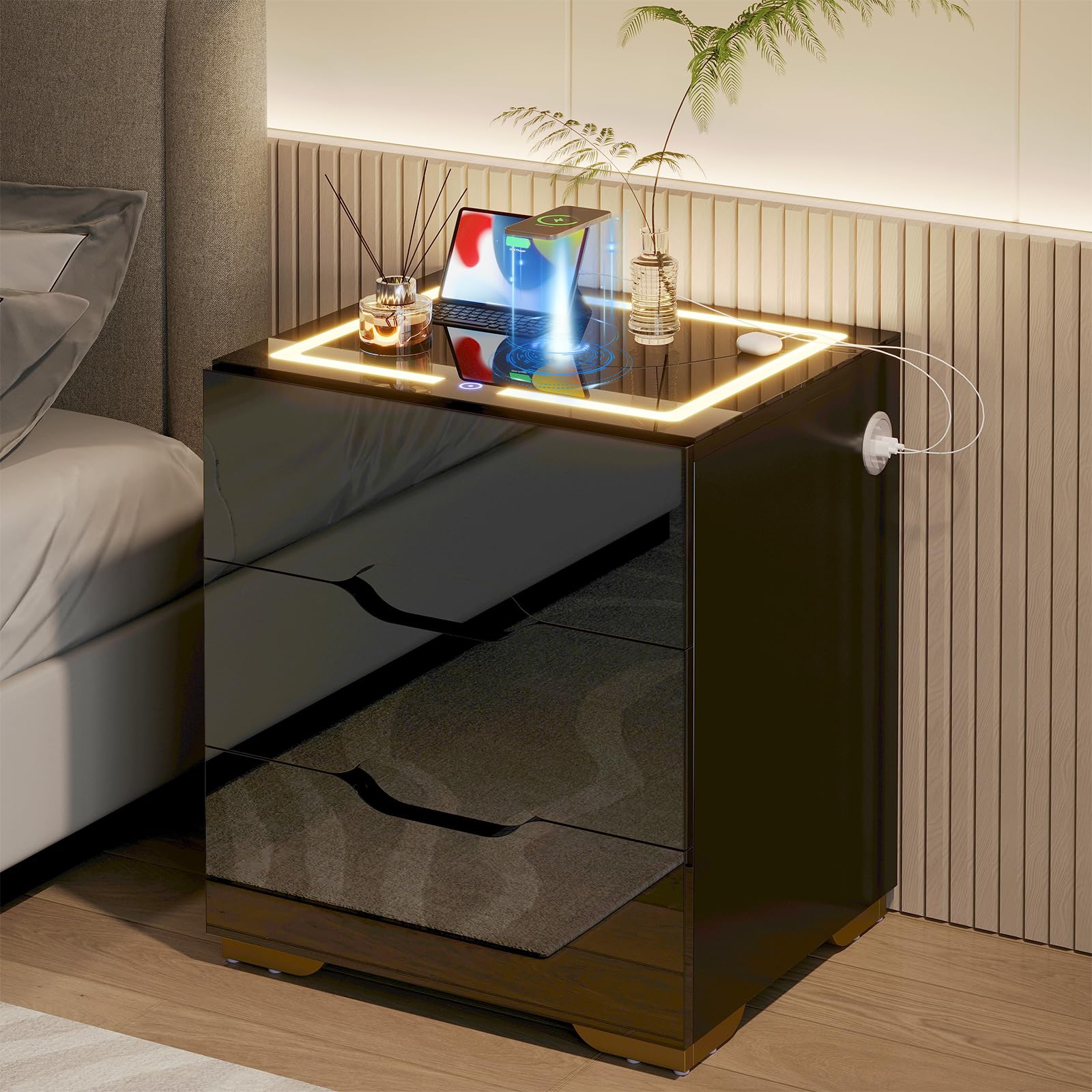 Nosepen Nightstand with Wireless Charging Station & 2 USB, LED Smart Night Stand Bedside Table End Table with 3 Drawers, 3 Color Dimmable, Adjustable Brightness Embedded LED Light Strip for Bedroom