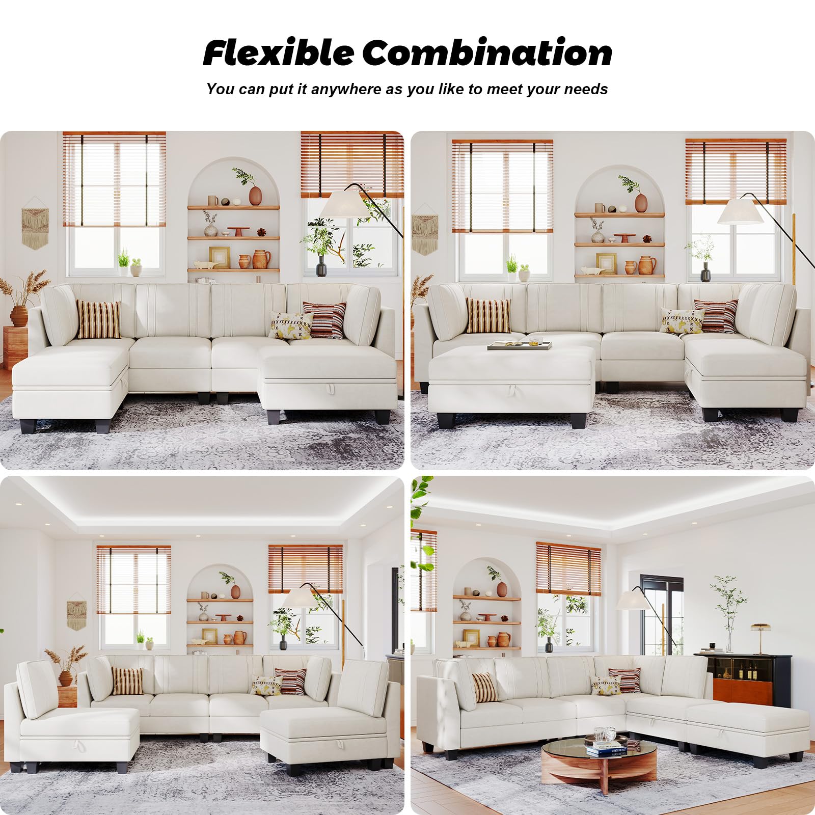 Belffin Velvet Sectional Sofa with Storage Ottoman Cream L Shaped Couch Sofa Convertible L-Shaped Sofa Beige