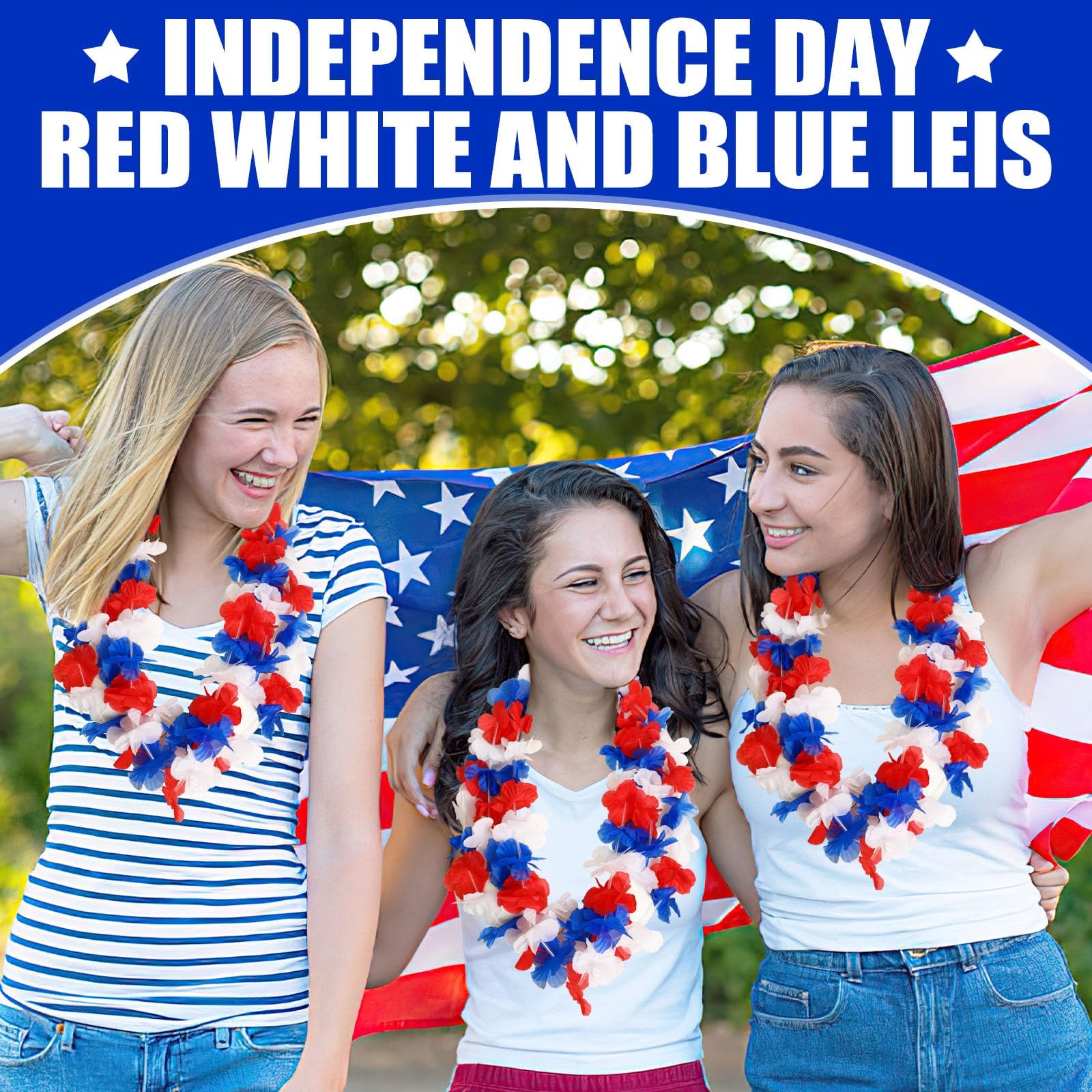 JUNEBRUSHS 24 Pack Patriotic Leis Red White and Blue Flower Leis, 4th of July Garlands Hawaiian Luau Flower Necklaces Bulk for Fourth of July, Memorial Day, Independence Day Decorations Party Favors