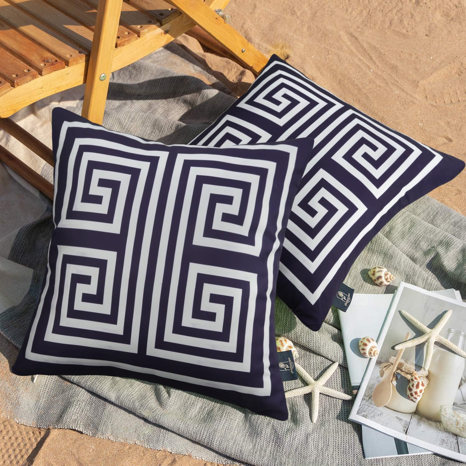 JASEN Navy Blue Outdoor Pillow Covers, Greek kty Outdoor Waterproof Pillow Covers 18x18 Set of 2, Double-Sided Decorative Throw Pillow Cover for Outside Patio Furniture Garden (No Inserts)