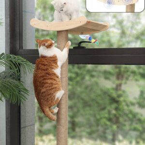 Window Cat Perch with Scratching Posts, 46" Wood Tree Bed for Large Inside Cats Climbing, Perching and Lounging, Mounted with 3 Strong Suction Cups (Wood Platform)