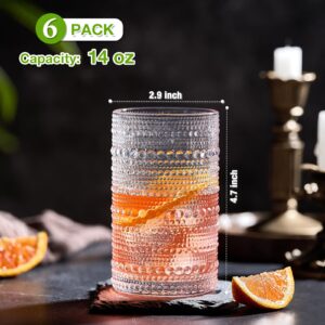 Mfacoy Large Vintage Hobnail Drinking Glasses Set of 6, 14 oz Cocktail Glasses,Highball Glasses, Embossed Glass Cups, Clear Water Tumbler, Glassware for Beer, Juice, Cocktail, Whiskey, Milk