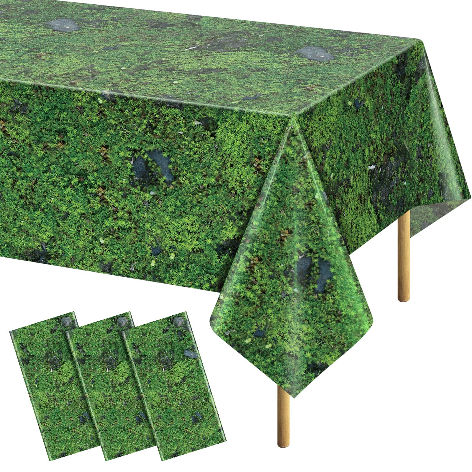 YIDAKO 3Pcs Green Moss Plastic Tablecloths Green Grass Green Leaf Table Cloth Disposable Rectangle Table Cover for Picnic Nature Forest Jungle Theme Party Decorations, 54 X 108inch