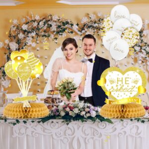 8Pcs Engagement Centerpieces Table Decorations, Gold White Engagement Party Decorations, Golden He Asked, She Said Yes Honeycomb Centerpiece for Bridal Shower Engagement, Wedding Party Decoration