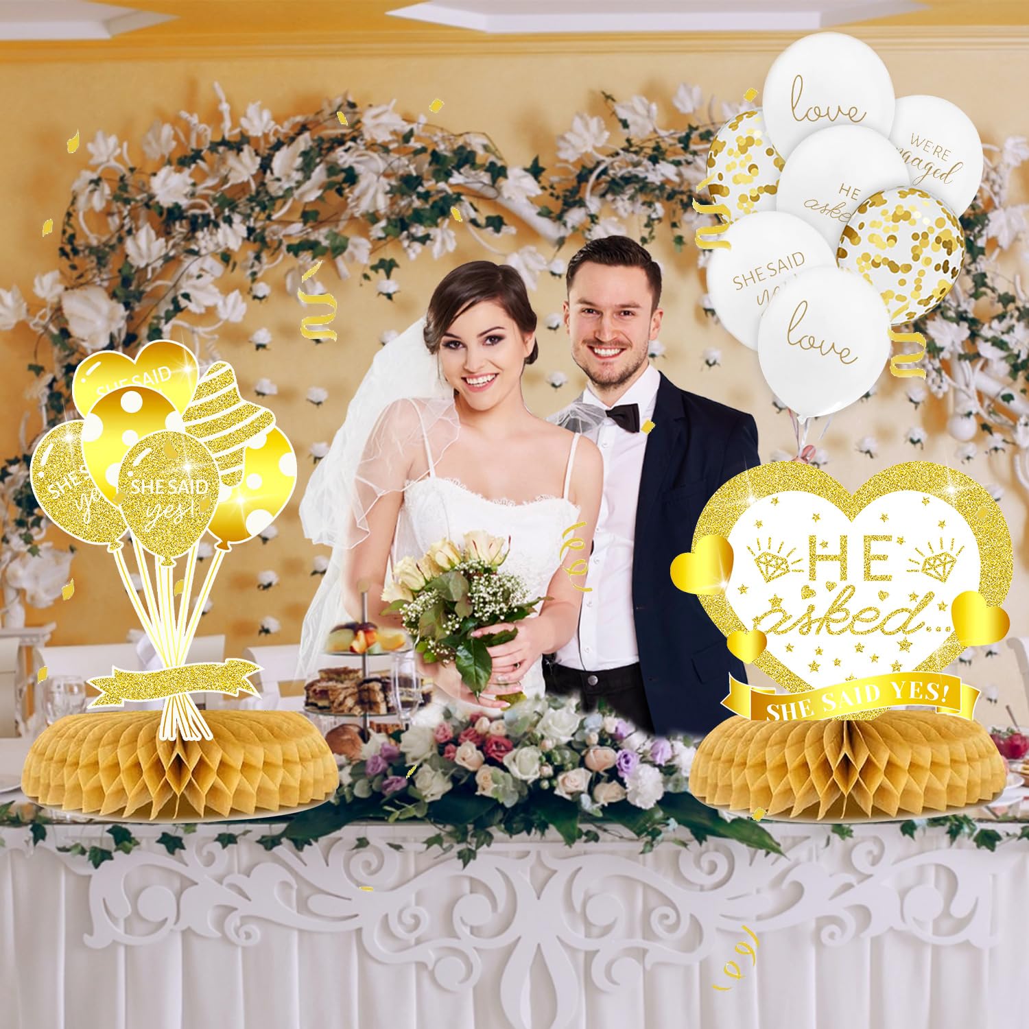 8Pcs Engagement Centerpieces Table Decorations, Gold White Engagement Party Decorations, Golden He Asked, She Said Yes Honeycomb Centerpiece for Bridal Shower Engagement, Wedding Party Decoration