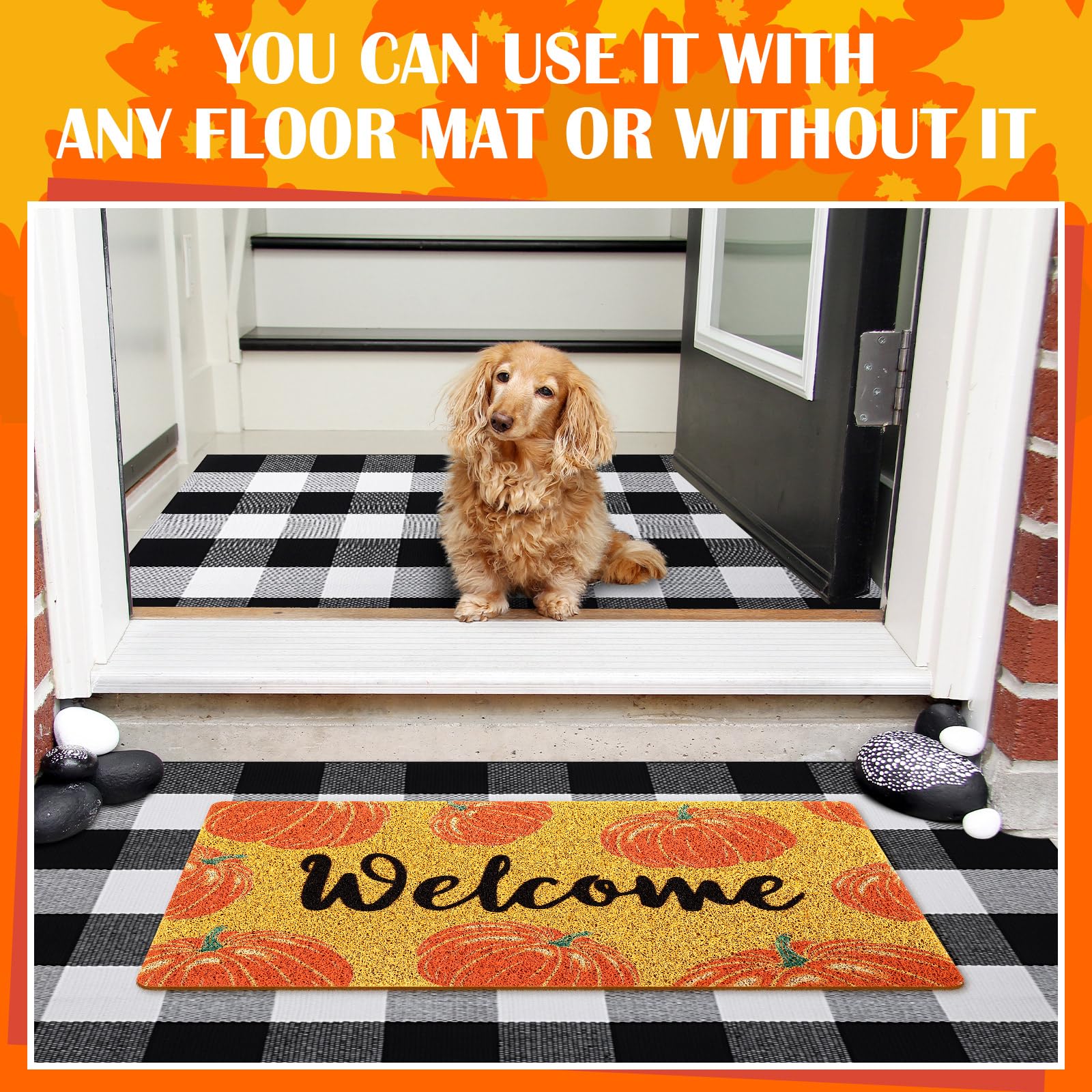 Geelin 2 Pcs Thanksgiving Day Doormat Front Door Mat Pumpkin Fall Welcome Mat Indoor Non Slip Black White Buffalo Checkered Rug Door Entrance Mat for Indoor Outdoor