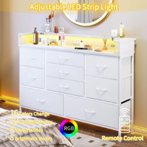 Fixwal White LED Dresser for Bedroom, Dresser with 9 Drawers and Charging Station, Fabric Chest of Drawers with PU Finish, Entryway, Living Room, Hallway